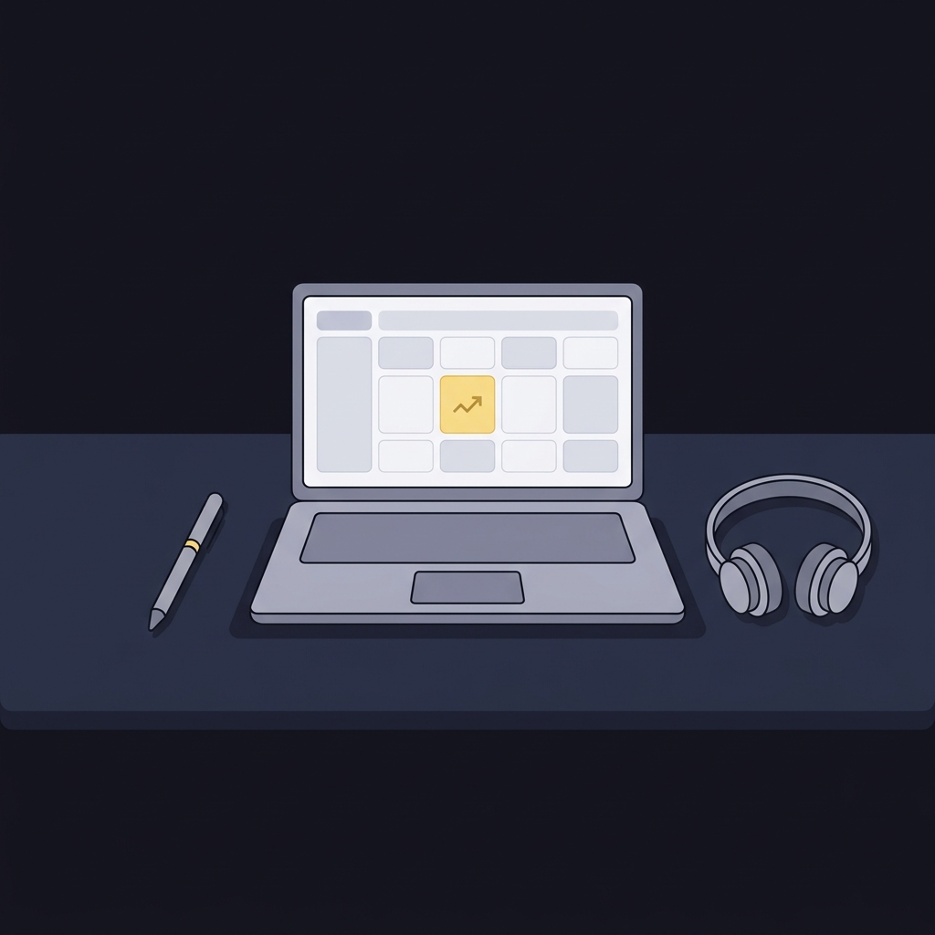 Minimalist 2D vector desk scene showing laptop with a prediction journal spreadsheet and a pen beside a headset for peer review How to Avoid Narrative Bias in Combat Sports