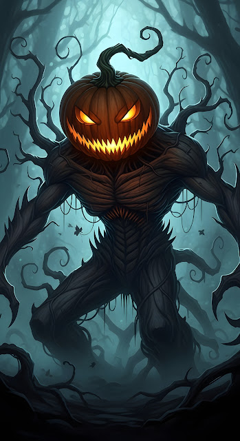Jack O'Lantern Treeman Monster in Spooky Forest - Free mobile Wallpaper