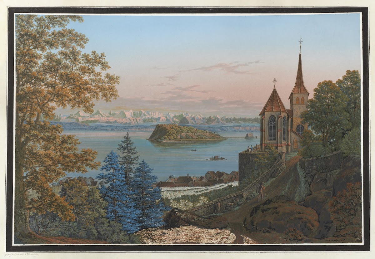 Vue contre les Glaciéres et lIsle St Pierre au dessus du Village de Glerésse sur