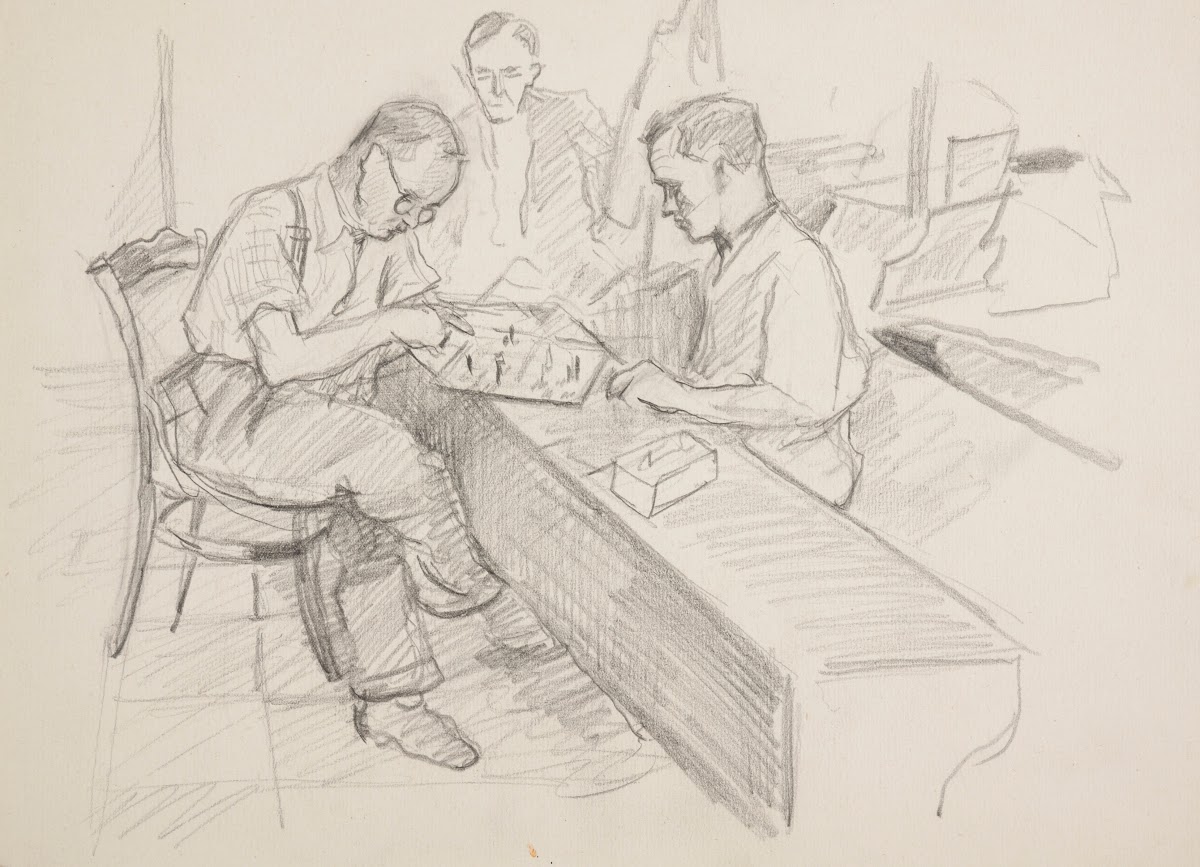 Mężczyźni grający w szachy w schronie 1944