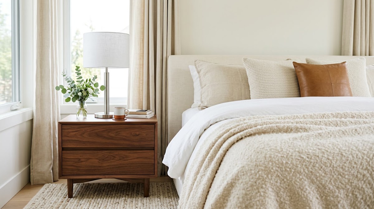 How to Use Chrome Bedroom Decor With Walnut Nightstands - chrome wood textile and neutral color palette mood board