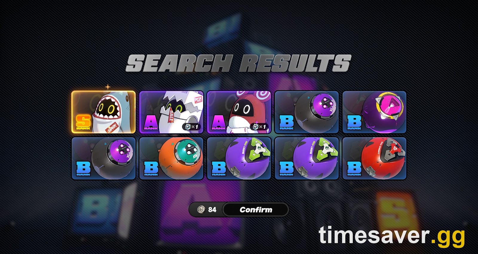 A ten-pull Search Results screen on the Zenless Zone Zero Bangboo Channel showing one S-Rank, two A-Rank and seven B-Rank results