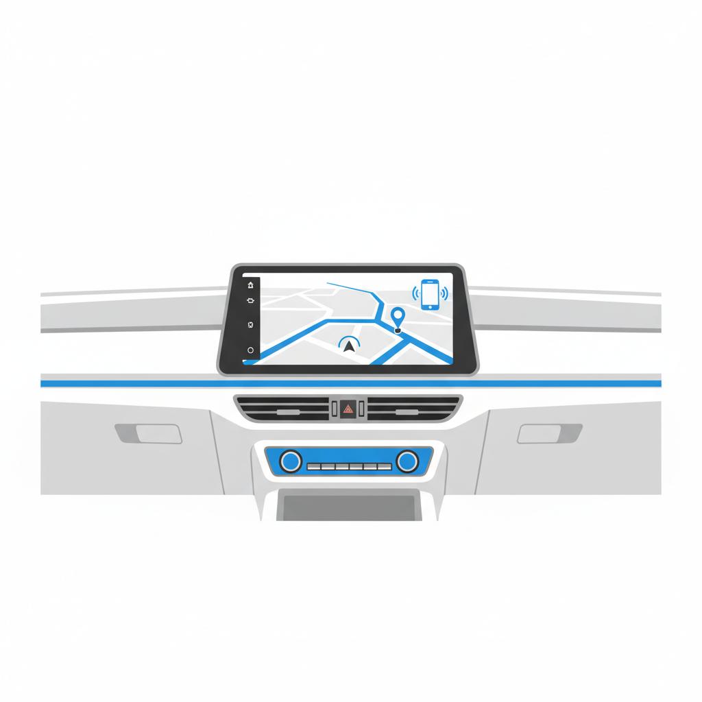 Minimalist 2D vector car interior showing a Lexus infotainment screen with navigation and connected smartphone in CarFax Deals colors for used lexus for sale