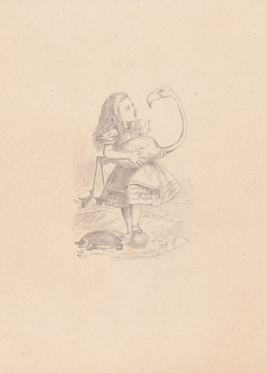 Drawing of Alice trying to play croquet with flamingo and hedgehog 1866