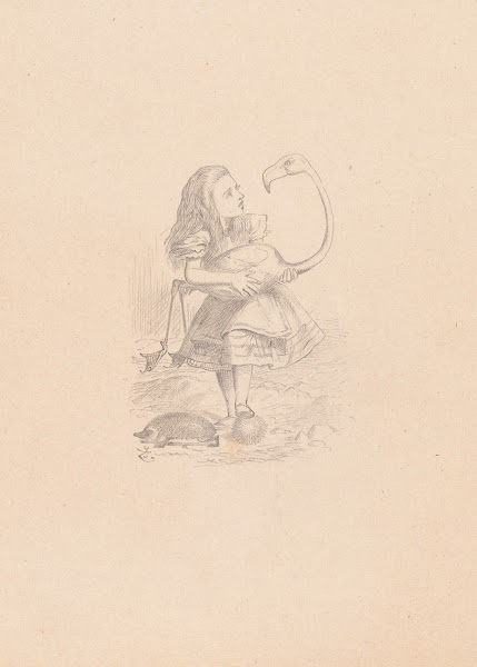 Drawing of Alice trying to play croquet with flamingo and hedgehog 1866