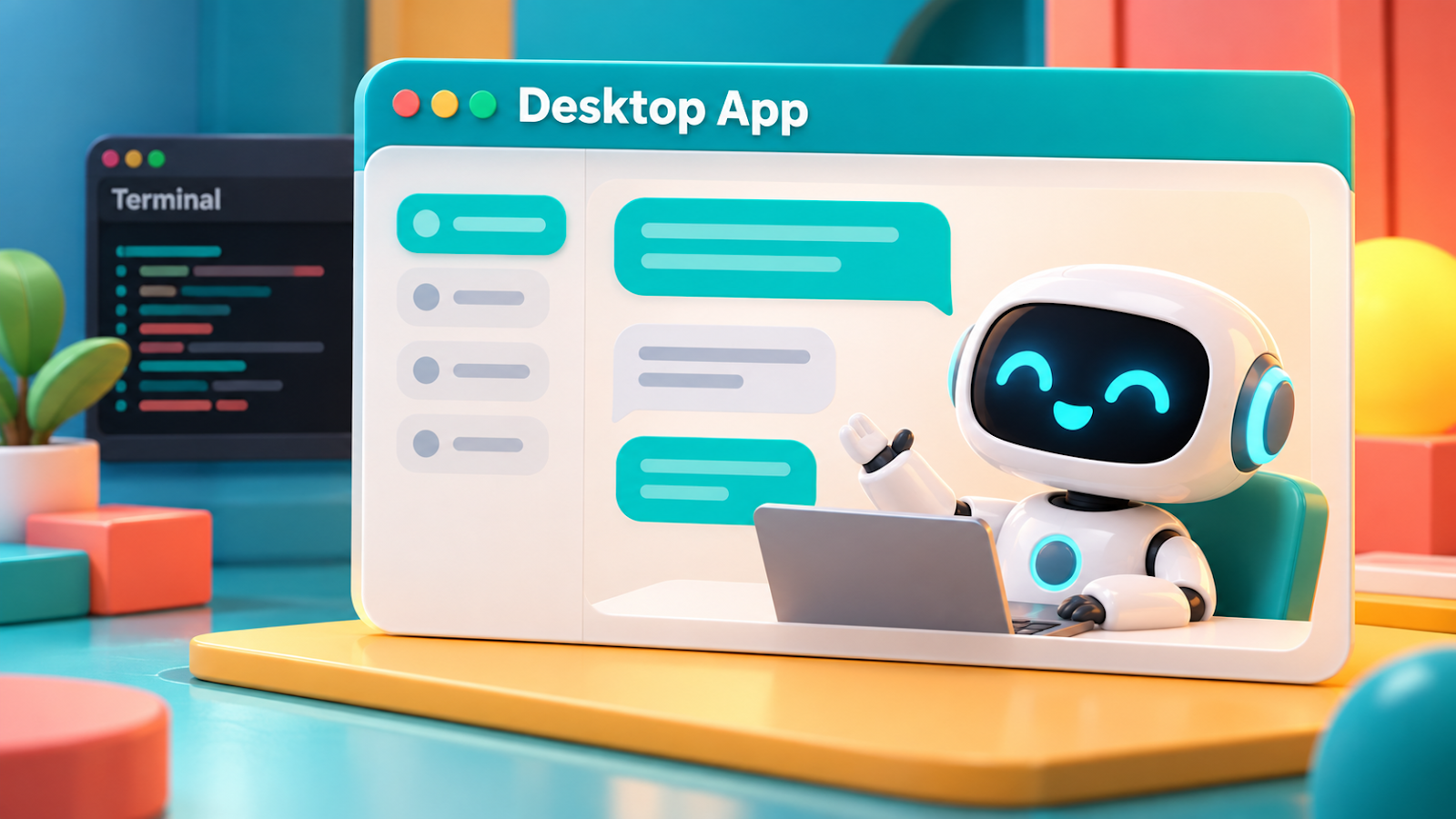 A big desktop app window in front, with a small terminal window behind it