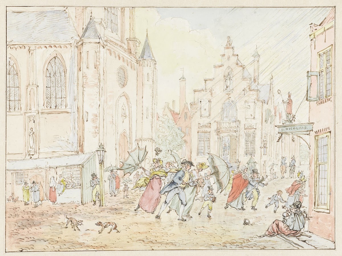 Plein met mensen in de regen 1782   1837
