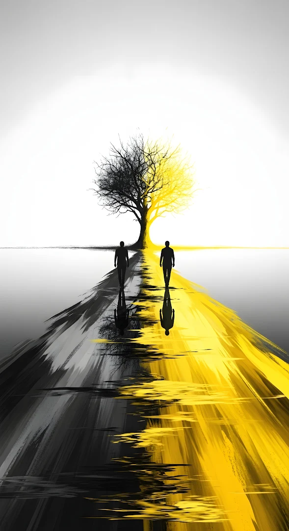 Duality Path Abstract Art Black Yellow Tree Silhouette