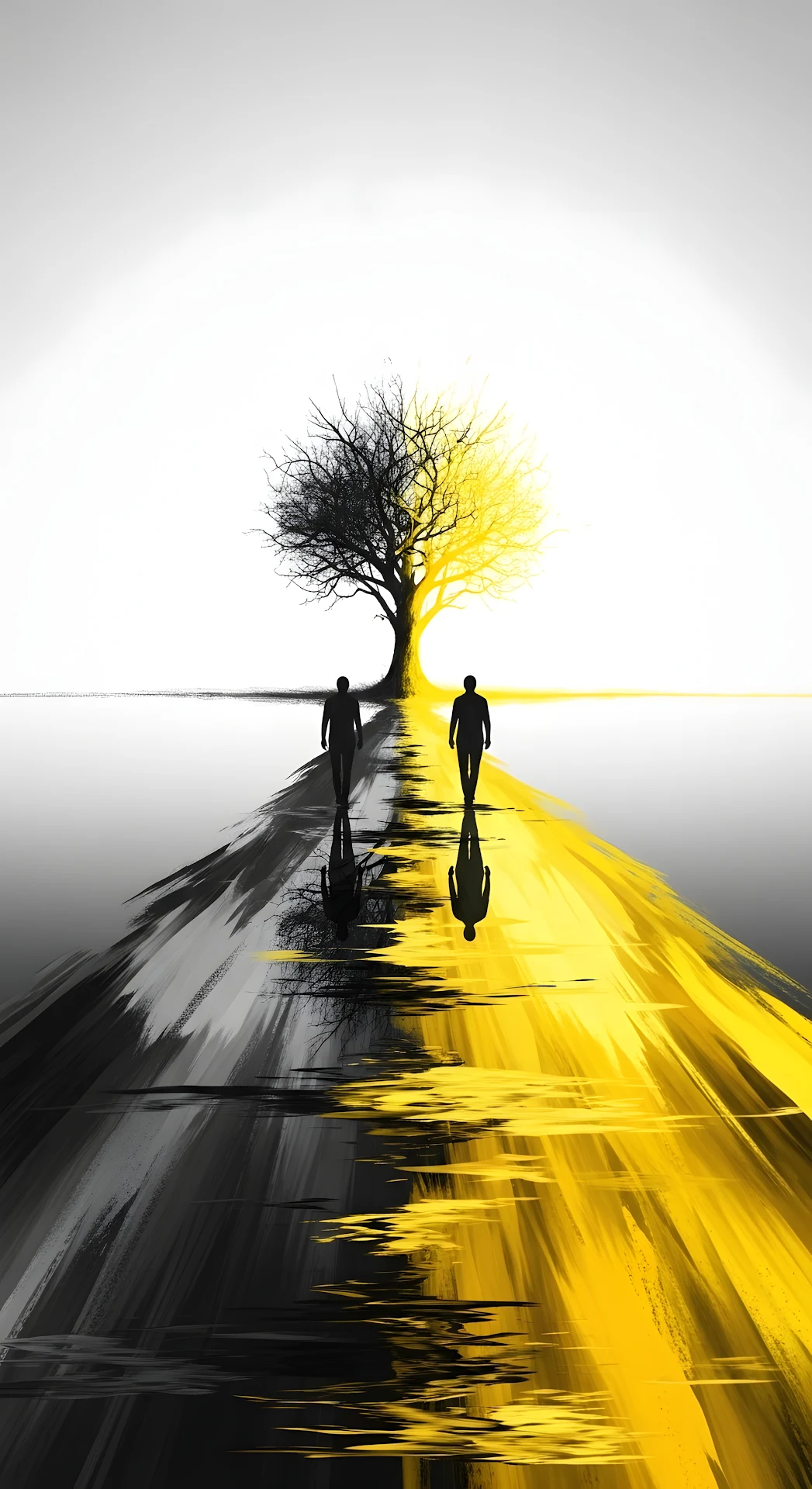 Duality Path Abstract Art Black Yellow Tree Silhouette - Free 4K mobile Wallpaper