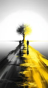 Duality Path Abstract Art Black Yellow Tree Silhouette