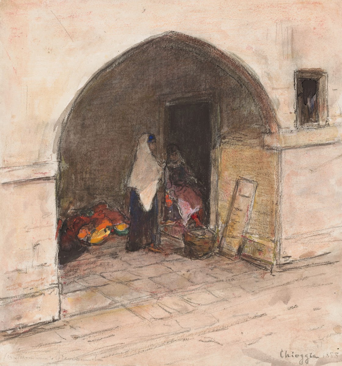 Straattafereel met oosters geklede vrouwen te Chioggia 1888