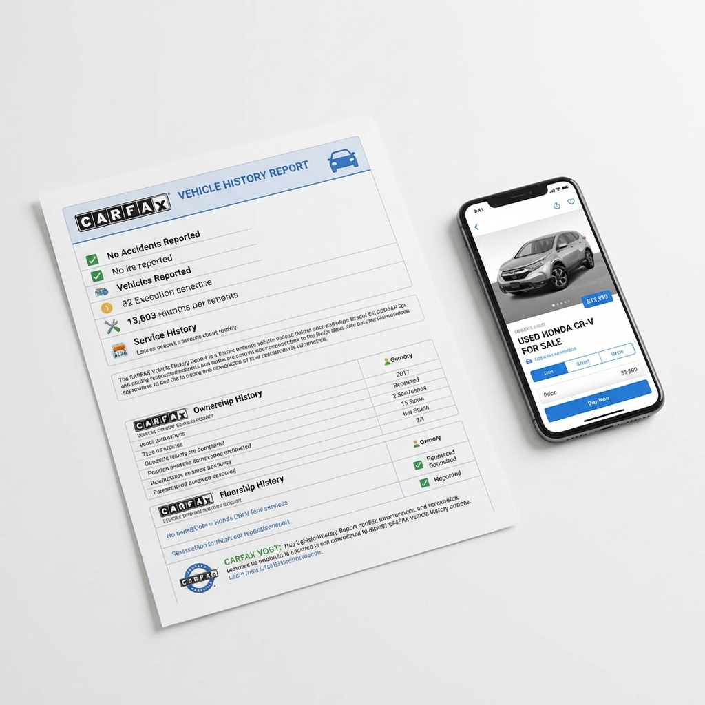 Close up vehicle history report printout beside smartphone showing a used honda cr v for sale listing on white background with CarFax Deals blue accents