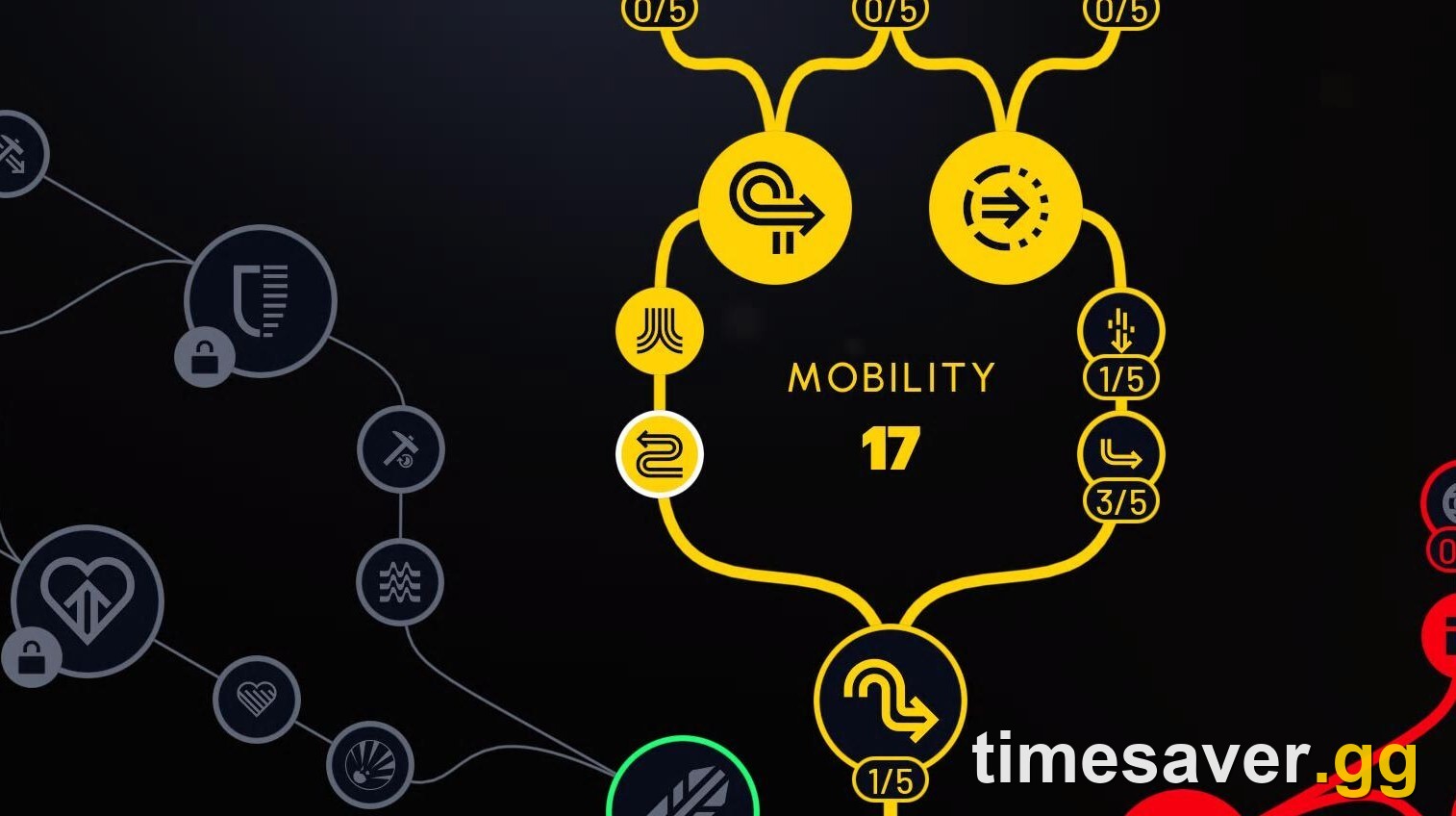 Close-up of the ARC Raiders Mobility branch in the skill tree, showing individual skill nodes with their per-point pips (0/5, 1/5, 3/5) and the branch point total