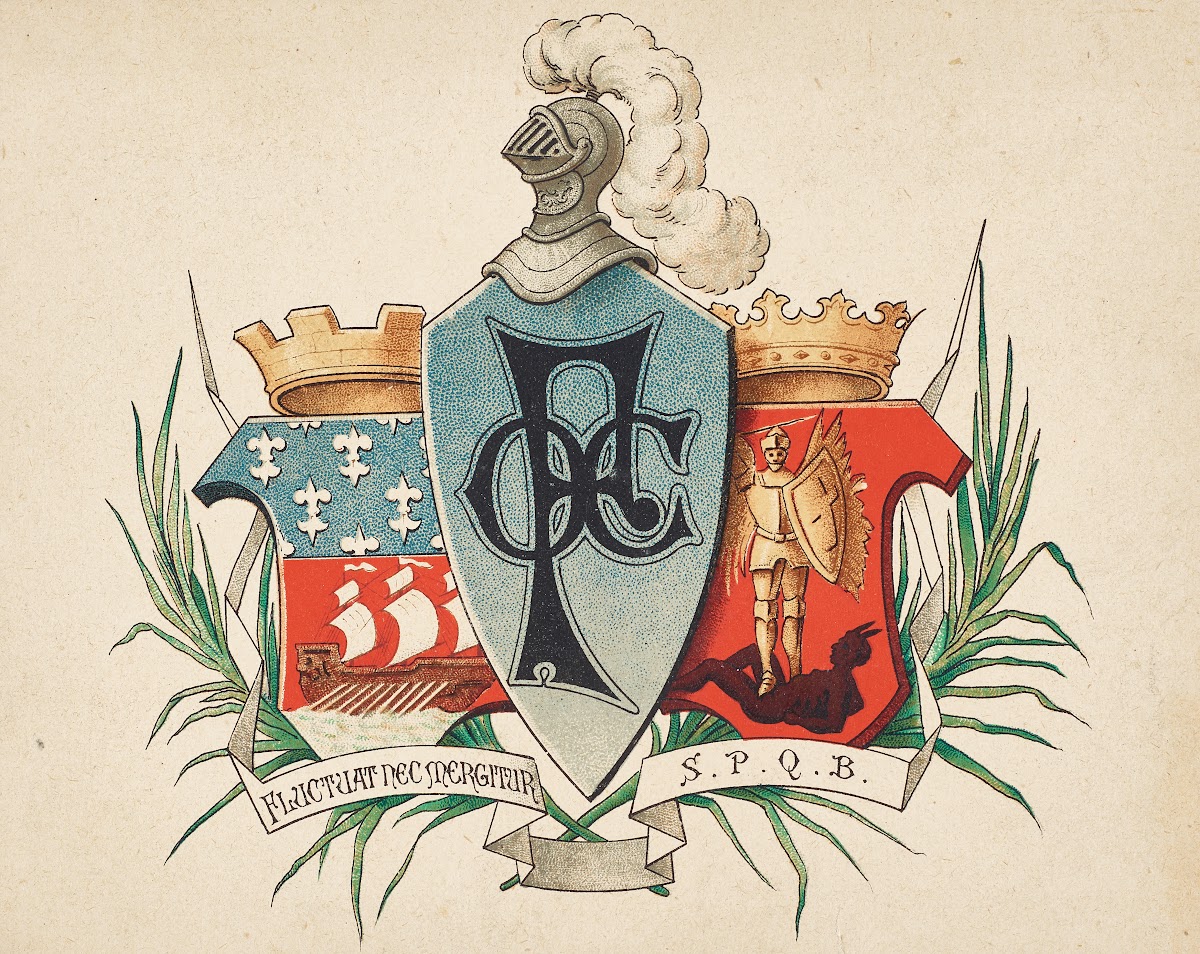 Initials POC flanked by coat of arms of the cities of Paris and Brussels