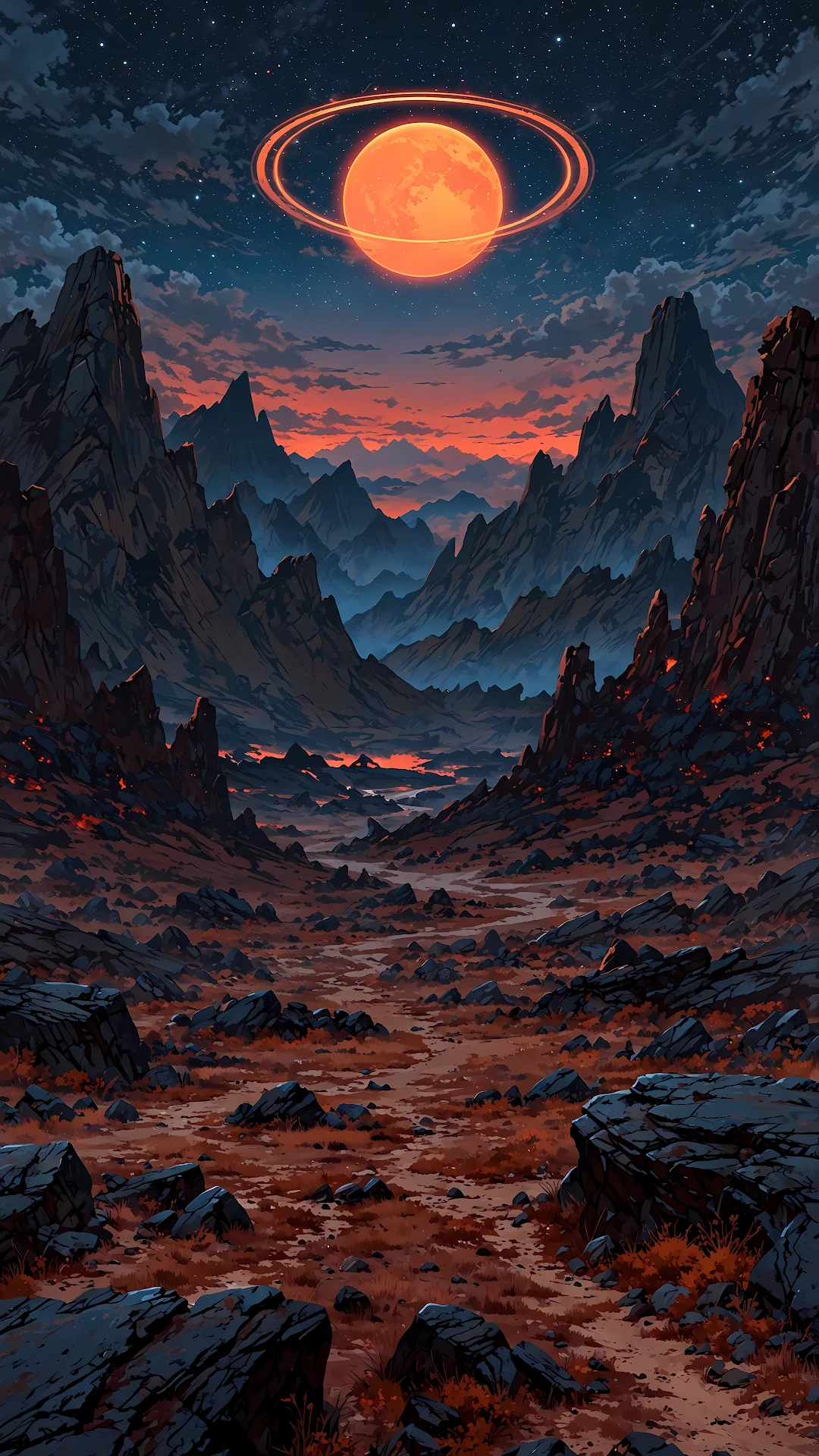 Volcanic Alien Landscape Under a Giant Ringed Orange Planet - Free 4K mobile Wallpaper