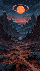 Volcanic Alien Landscape Under a Giant Ringed Orange Planet