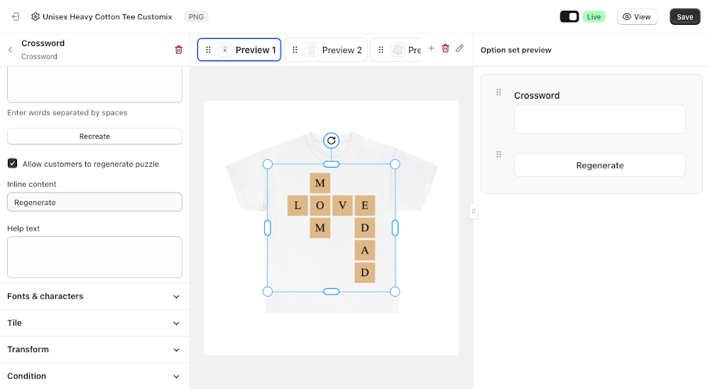 Content panel with Allow customers to regenerate puzzle checked, showing the Inline content field, and the Regenerate button added to the Option set preview