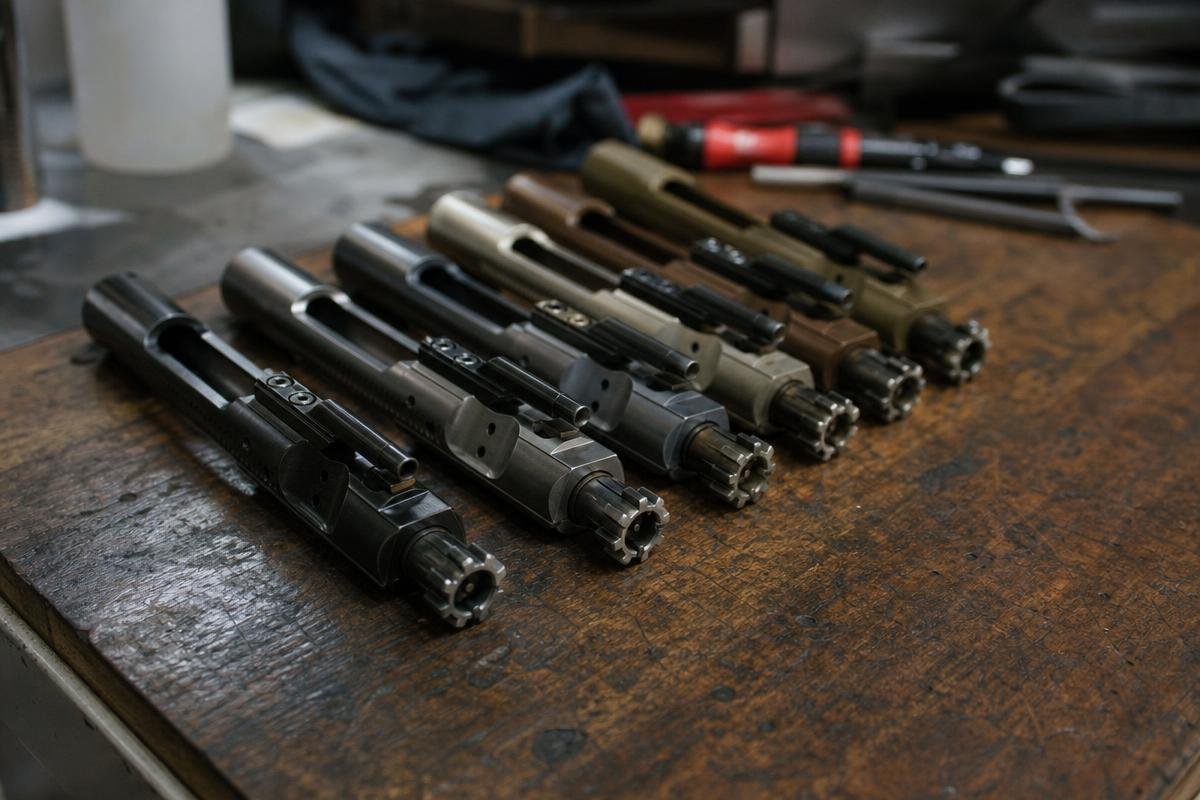 AR-15 bolt carrier groups with phosphate, nitride, Nickel Boron, and chrome finishes