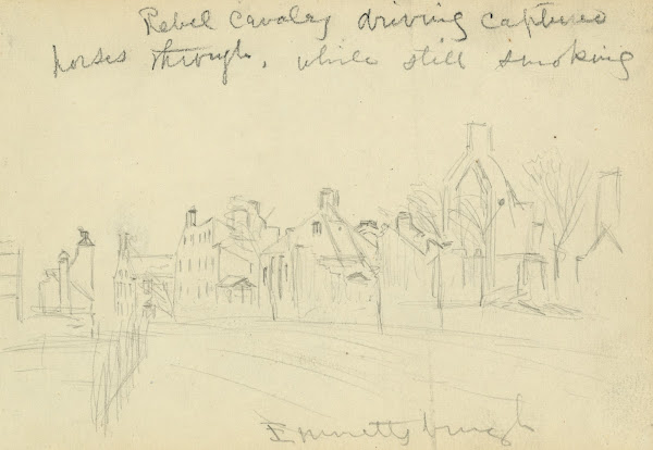 Rebel cavalry driving captured horses through while still smoking Emmettsburgh 1