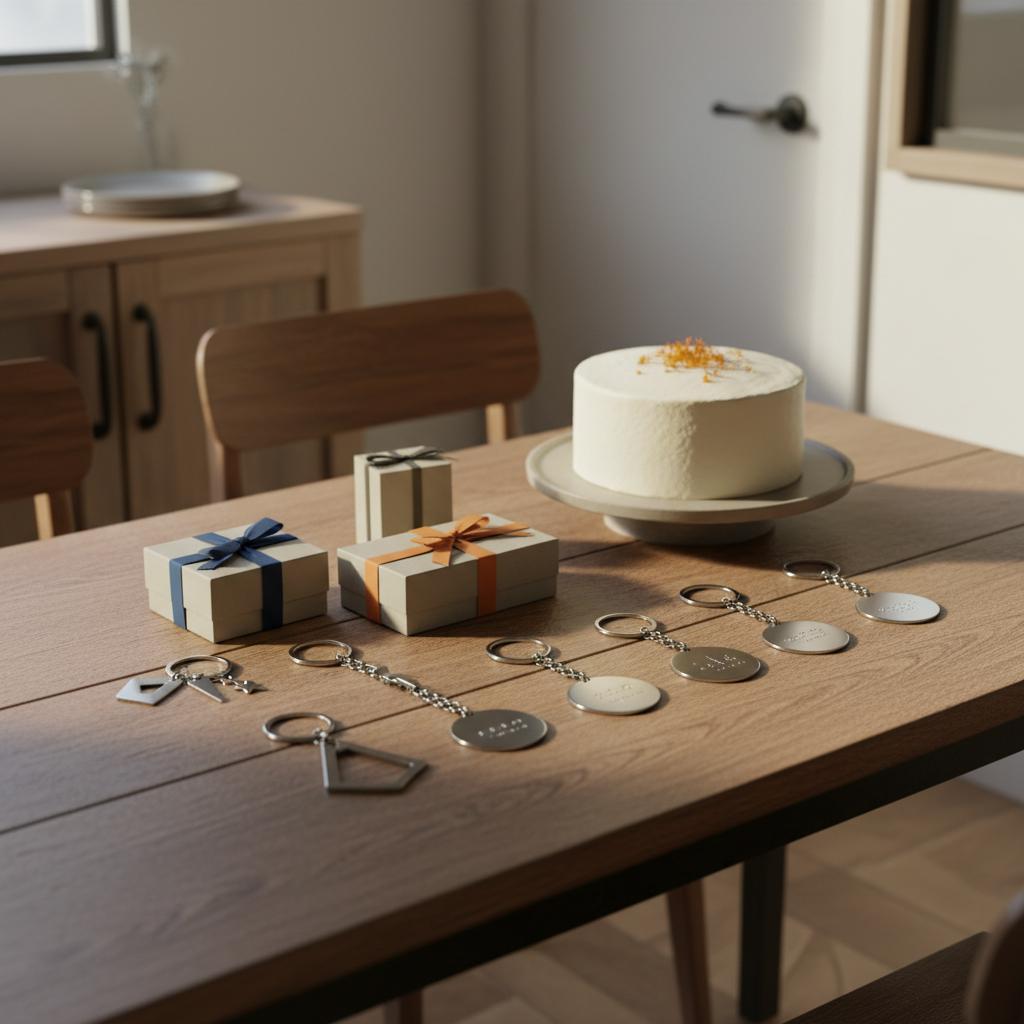 Nahaufnahme eines Esstisches mit Geschenkideen für erwachsene Söhne: Schlüsselanhänger, kleine Boxen und personalisierte Metallanhänger neben Vanillekuchen in warmem Licht.