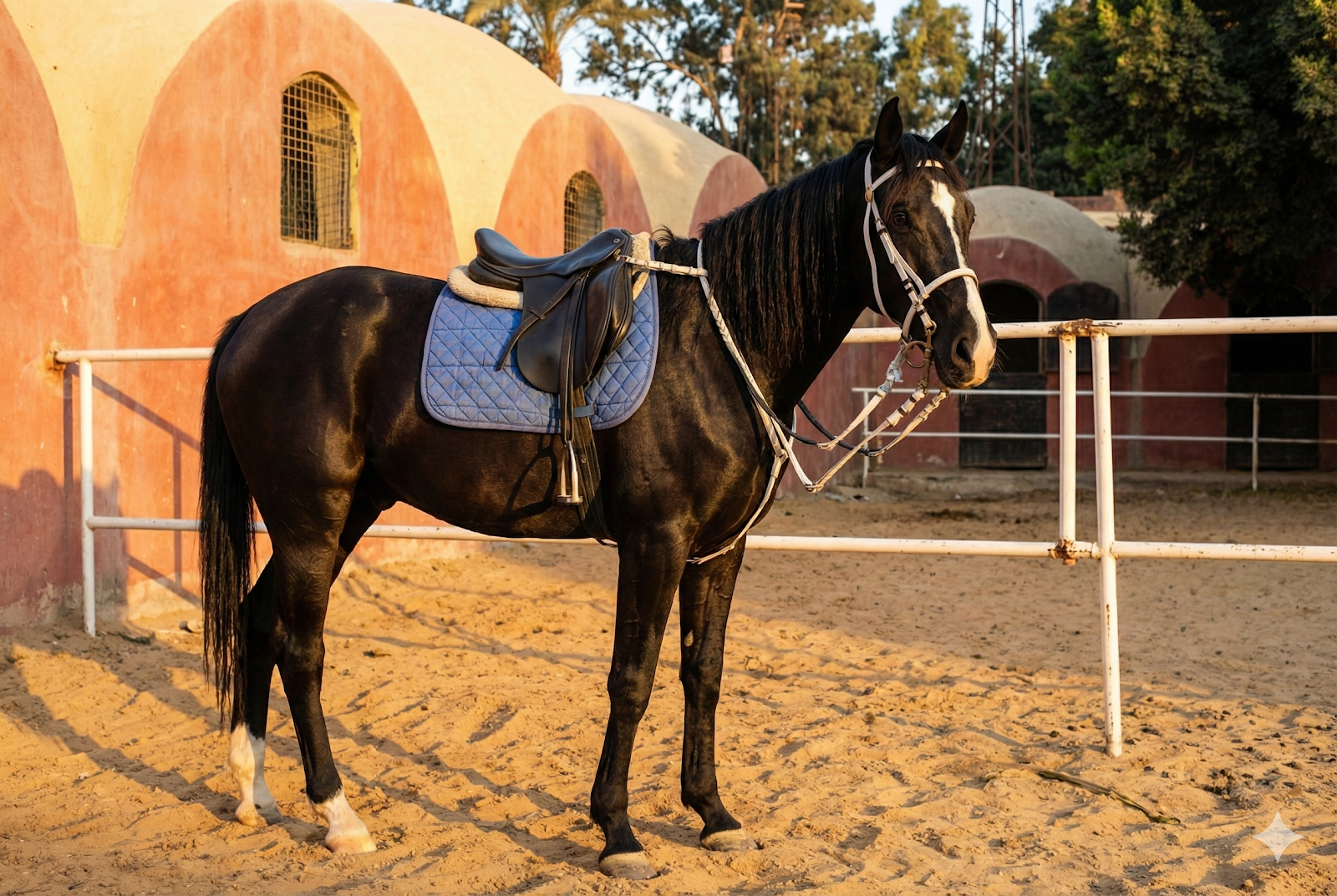 Negroo - Horse available for riding at Kheyool El Shewkhy in Saqqara, Egypt. Behold this handsome black steed, defined by his striking white blaze and elegan
