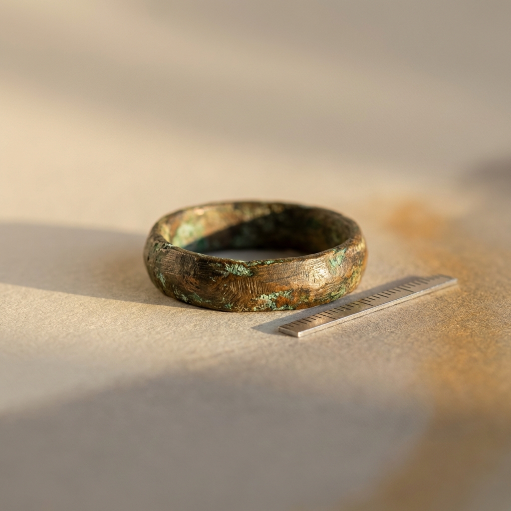 Macro photograph of a worn medieval bronze ring showing casting lines patina and verdigris beside a small scale rod on a clean warm neutral background ede7da