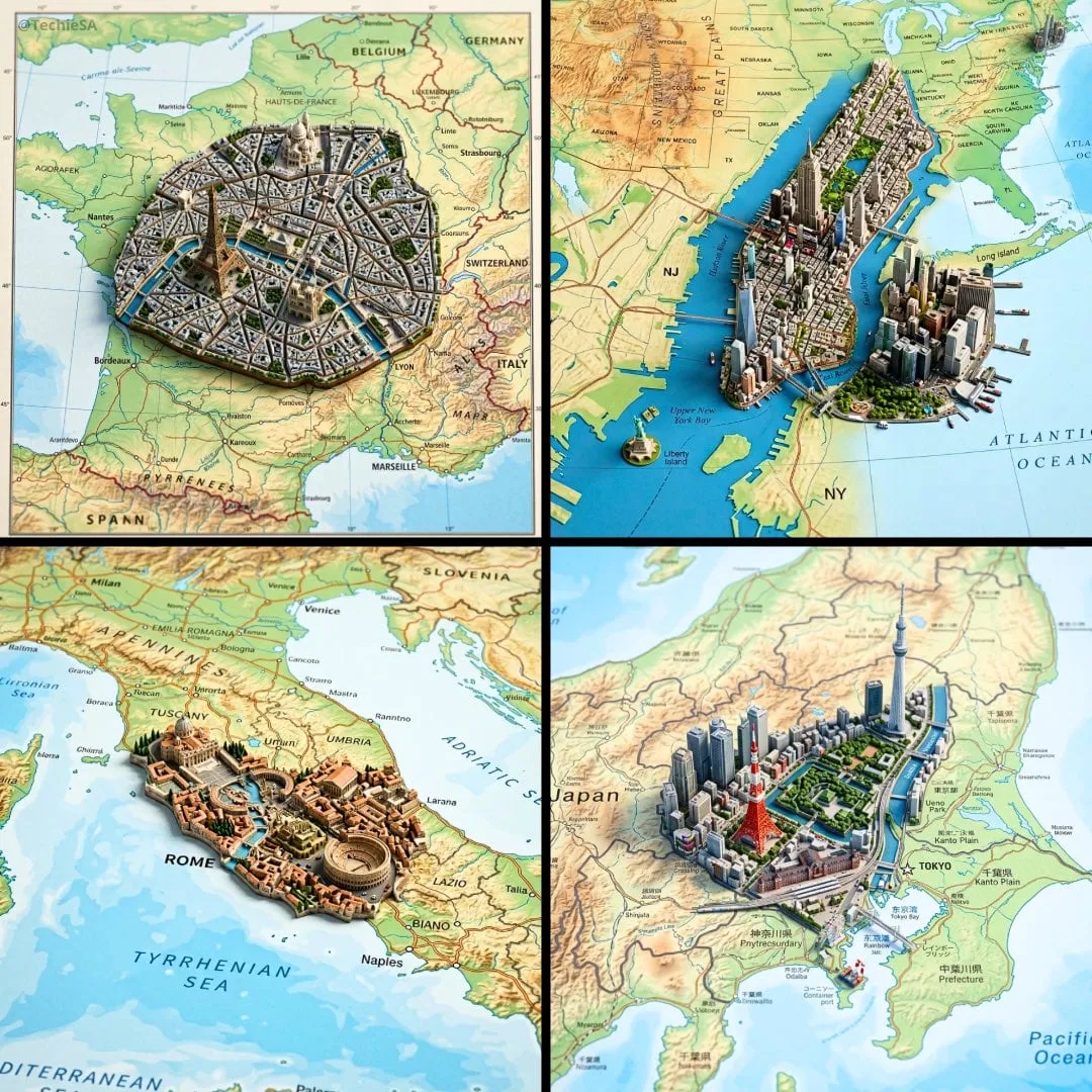 Mapa geográfico ultrarrealista con vista superior y precisión cartográfica, que define claramente la verdadera...