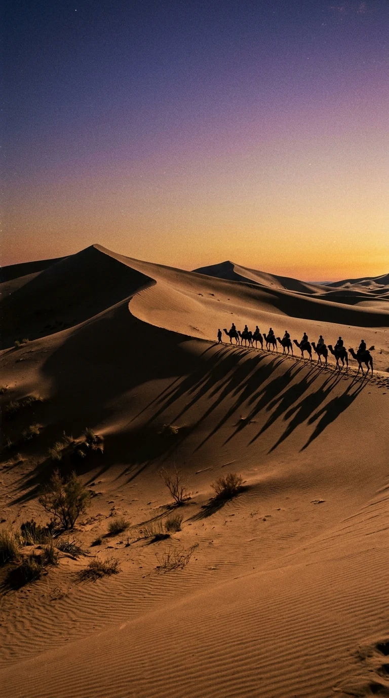 Vintage Style Desert Dawn with Camel Caravan Silhouette - Free 4K mobile Wallpaper