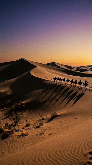 Vintage Style Desert Dawn with Camel Caravan Silhouette - Free mobile Wallpaper