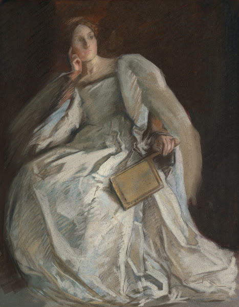 Lady in White Seated Right Hand to Chin HoldingFan