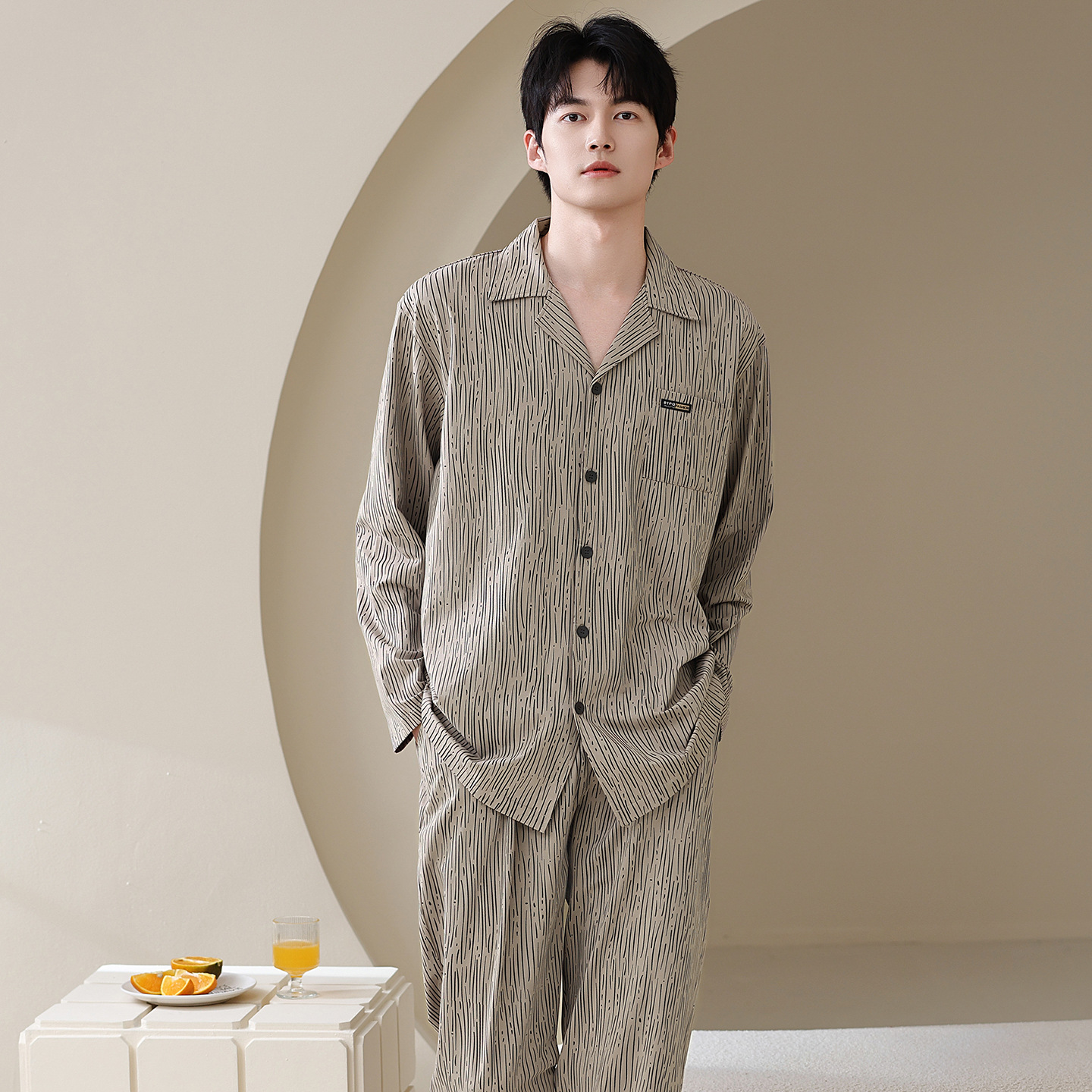 Herren-Pyjama-Set, Baumwolle, Langarm, klassisch