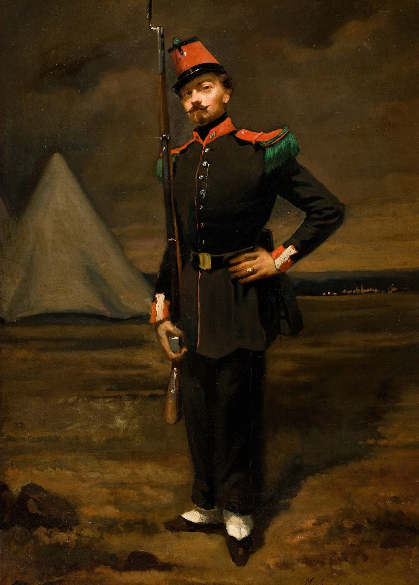 Portrait of a French Soldier in Uniform near his Encampment circa 1865 67