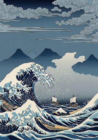Hokusai-Style Ships and Wave
