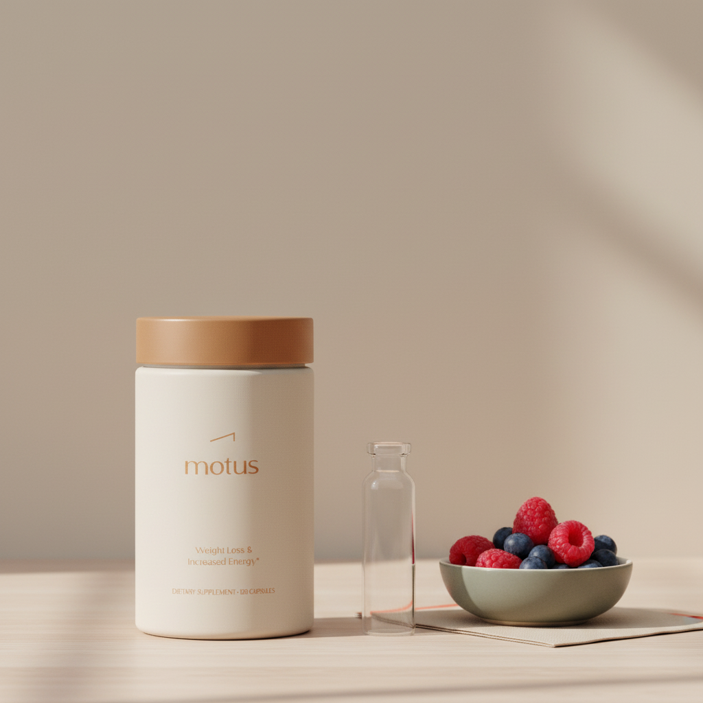 Minimalist close shot of Tonum Motus supplement jar beside a small bowl of berries and a lab-style vial on a beige background, D3 and K2 supplement context for weight loss