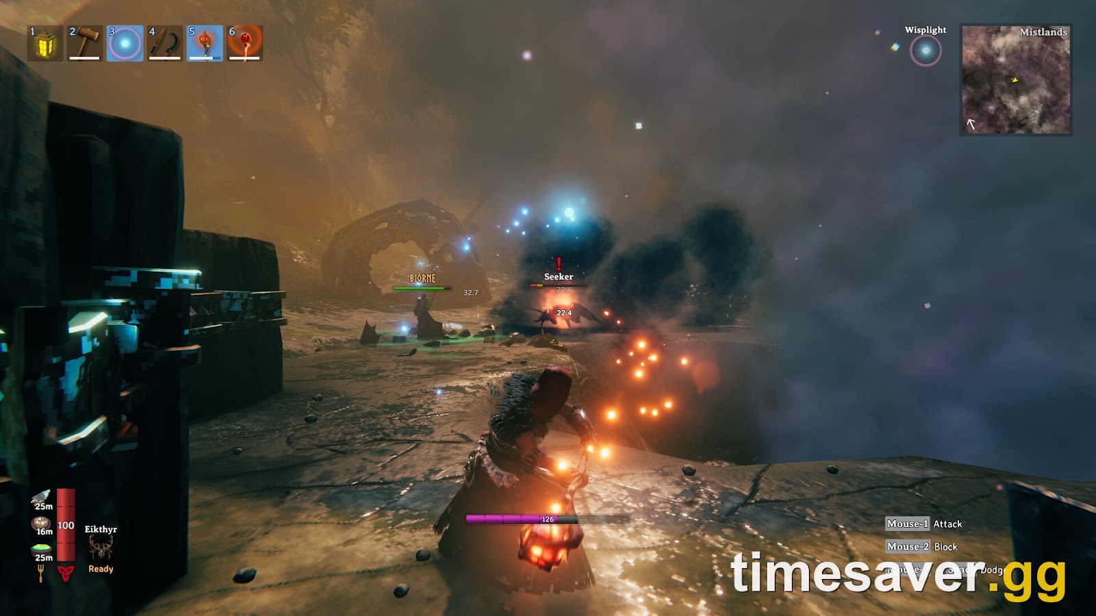 A Valheim Viking in the misty Mistlands biome mid-combat amid magical effects, the kind of controller-driven survival play Switch 2 owners will handle across TV, tabletop and handheld modes