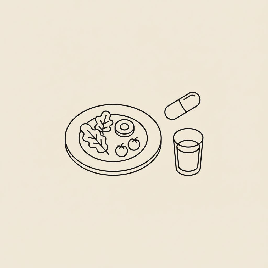 Minimal Tonum-style line illustration of a plate half-filled with vegetables, a capsule and a water glass on beige background, representing healthy eating and fast weight loss 2 weeks