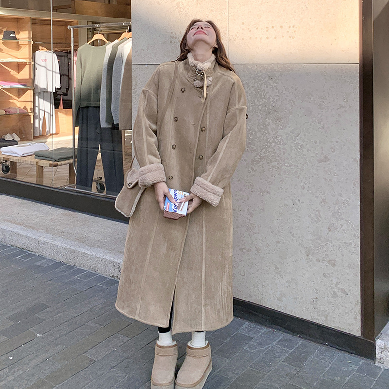 Lamb fleece coat, long, suede look