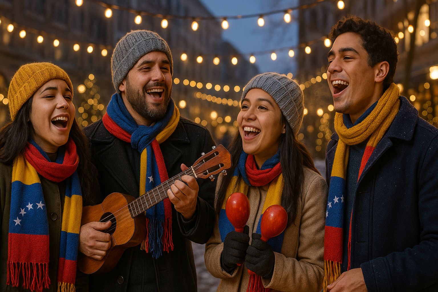 Grupo de venezolanos cantando aguinaldos en una plaza iluminada en invierno