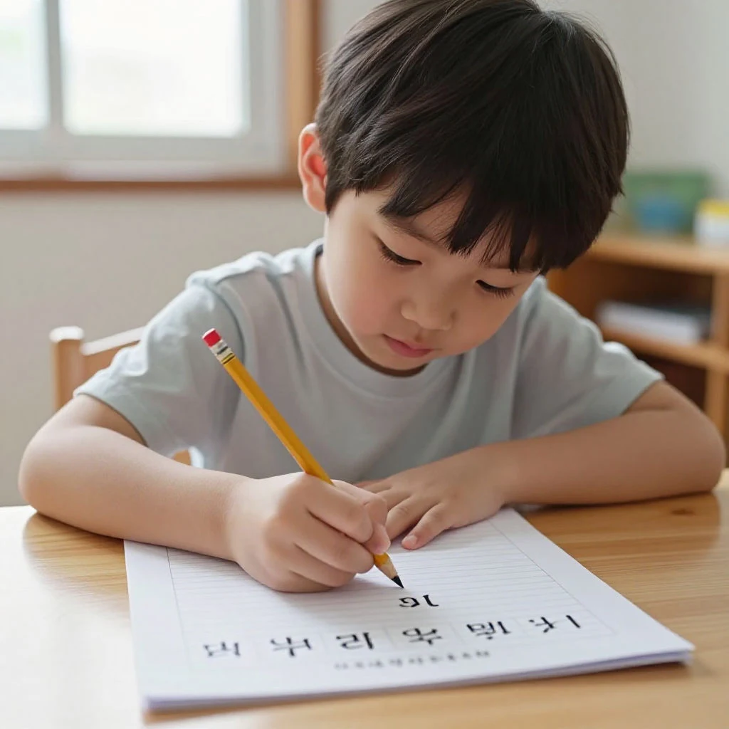 초등 입학 전 아이가 연필을 바르게 잡고 한글 쓰기를 연습하는 모습