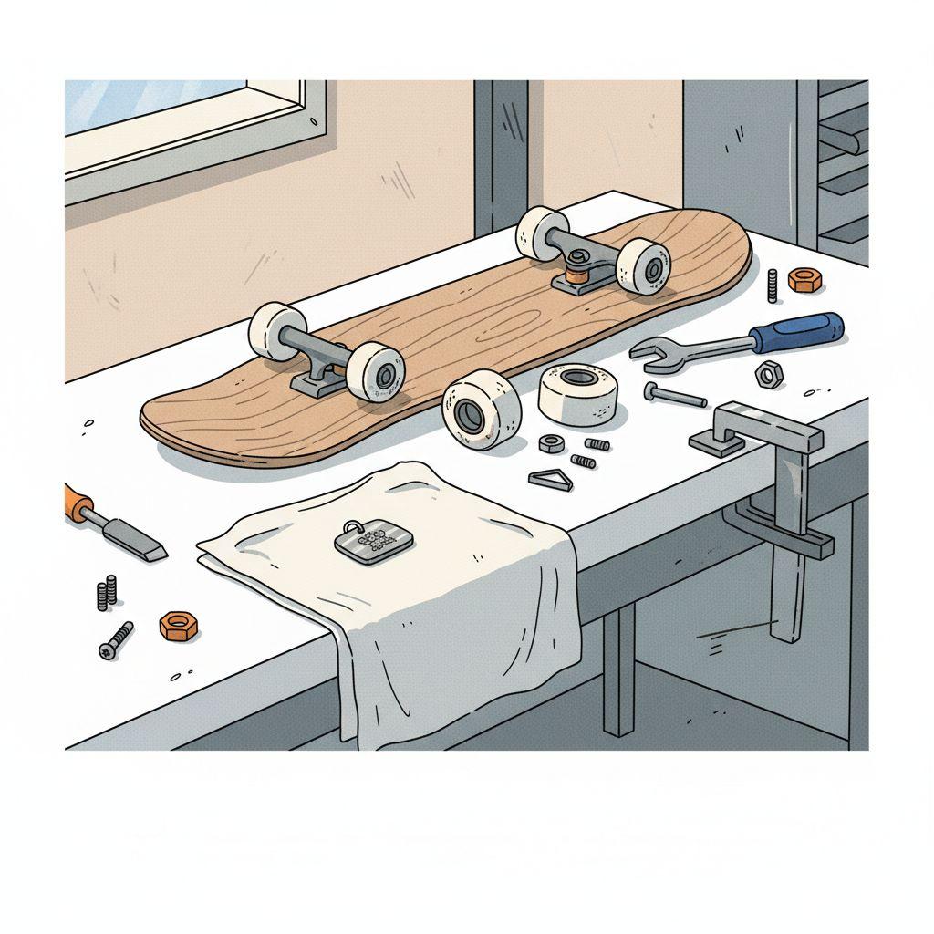 Werkbank-Szene mit Skateboard-Teilen, graviertem Metallanhänger und Werkzeug – Fokus auf Materialität, Holz, Metall und abgenutzte Rollen; Interessen 14-jährige Jungen