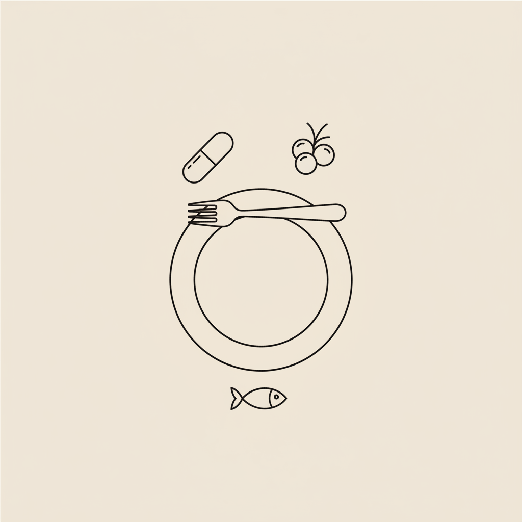 Minimal Tonum-style line illustration of a plate with fork, capsule, berry cluster and fish on beige background, symbolizing protein for women over 40