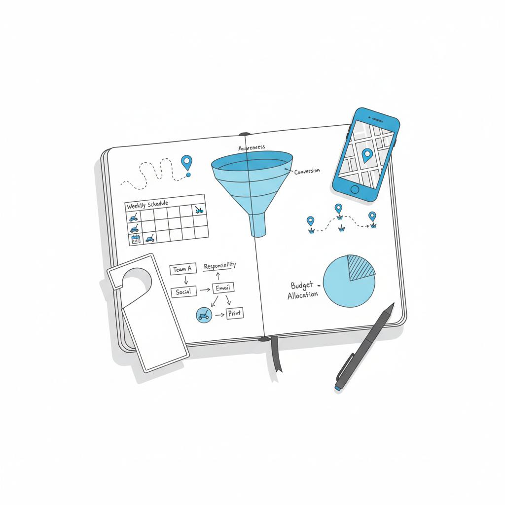 Vector sketchbook workspace illustrating lawn care marketing planning: smartphone with map pin, door-hanger mockup, funnel, route and schedule sketches on white background