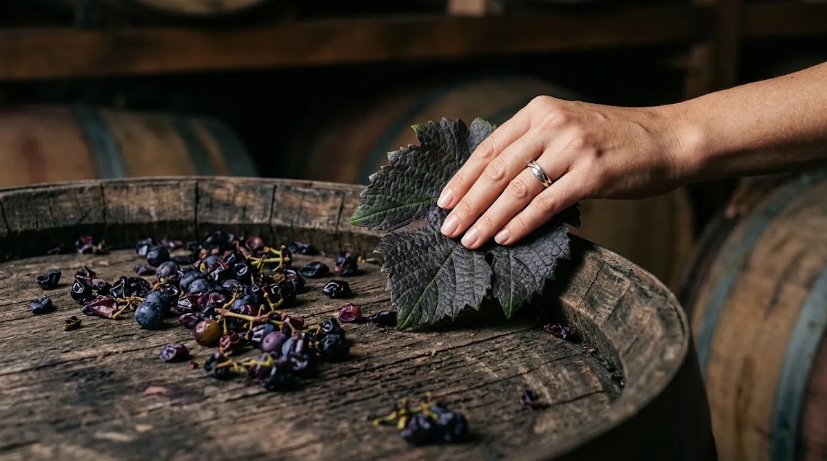 Purple vine leaves, grape textures, and oak cellar details
