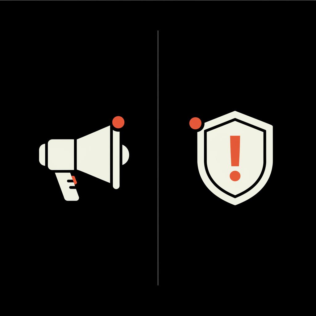 Minimal 2D vector split infographic showing opinions (left megaphone icon) vs policy breaches (right exclamation shield icon) on black background to illustrate when to remove Google review.