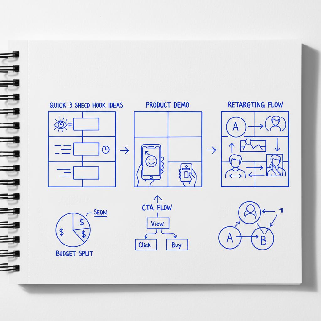 Close-up textured white notepad with thumbnail storyboards for short-form videos&mdash;3-second hooks, product demo frames and retargeting arrows visualizing benefits of TikTok ads
