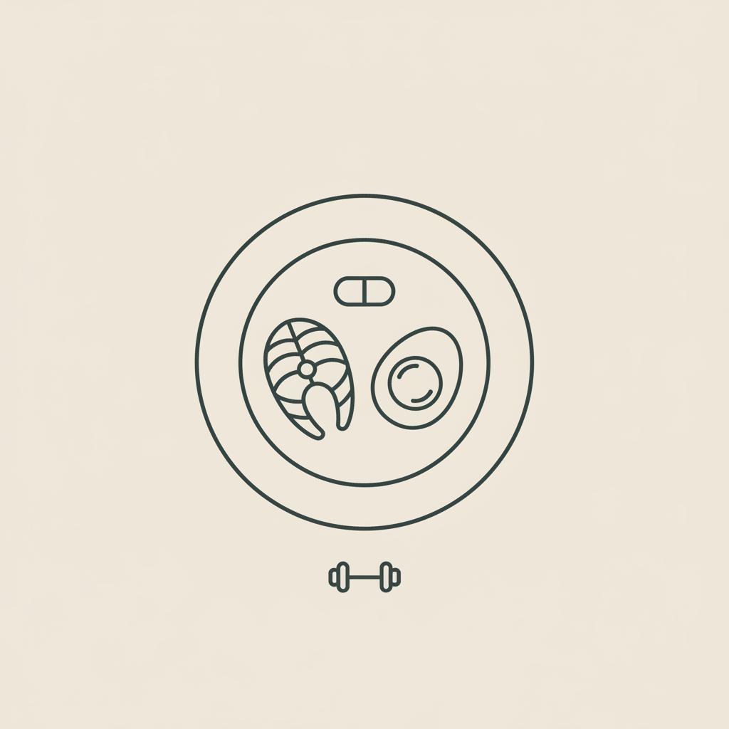 Minimal Tonum-style line illustration of a plate with fish fillet, egg, capsule and small barbell on beige background — do you burn muscle or fat first