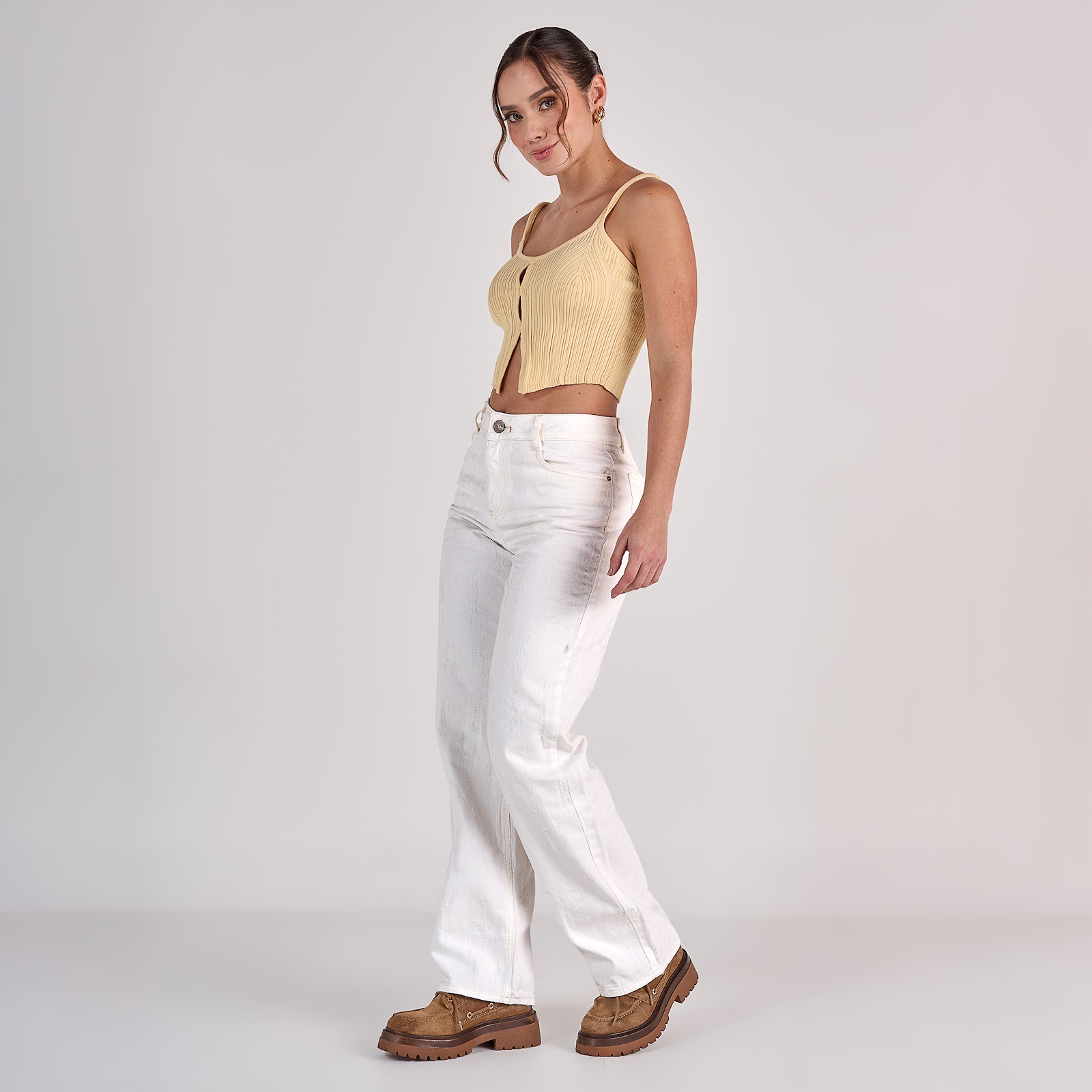 Jean straight tiro medio en denim rígido 100% algodón, color ivory - Vista 2
