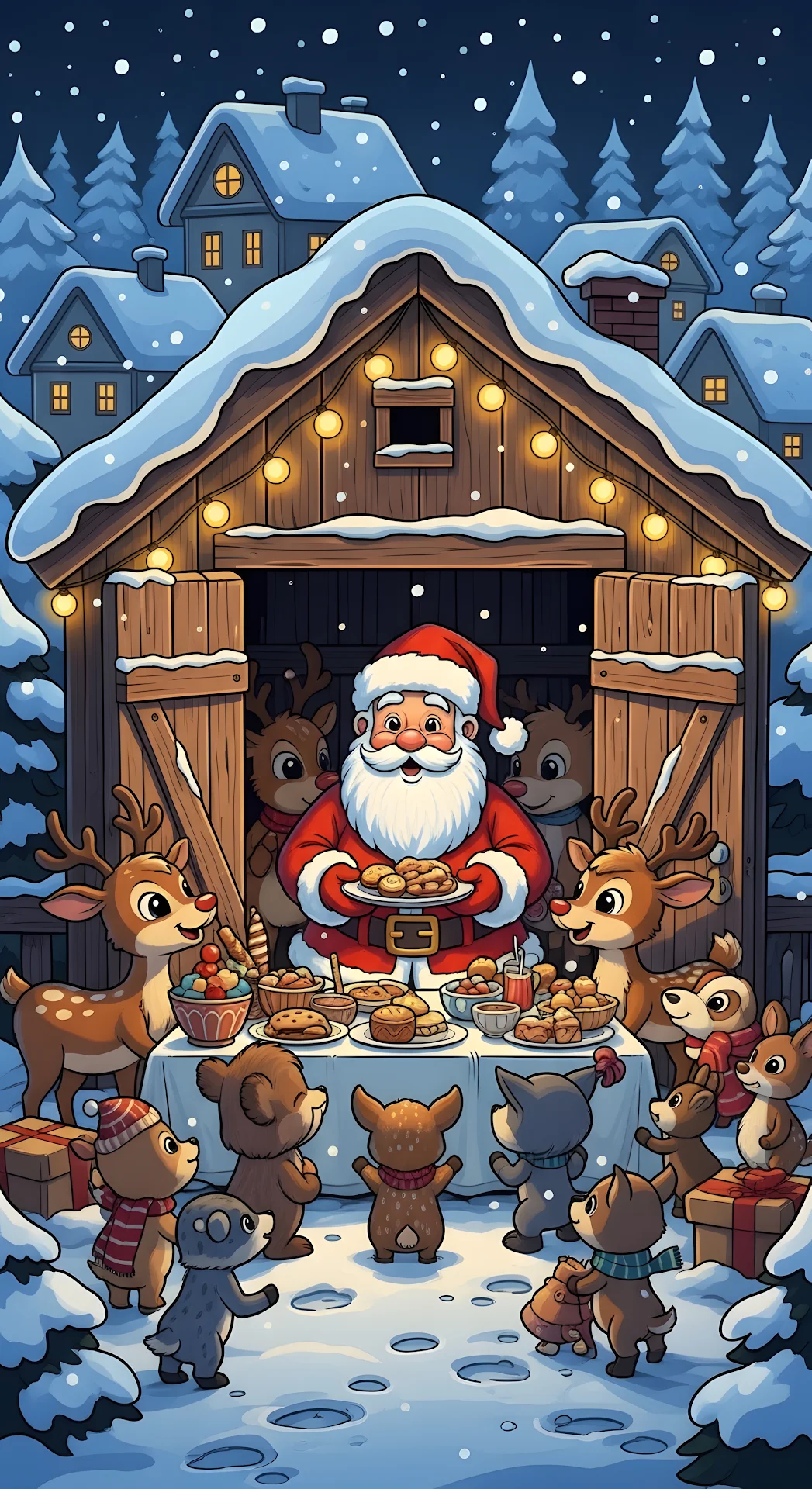 Santa Claus Festive Feast with Forest Animals - Free 4K mobile Wallpaper