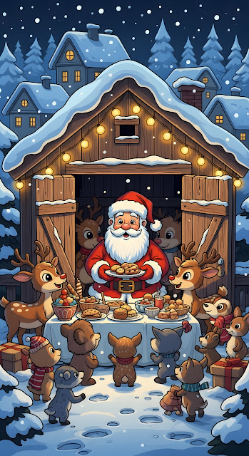 Santa Claus Festive Feast with Forest Animals - Free mobile Wallpaper