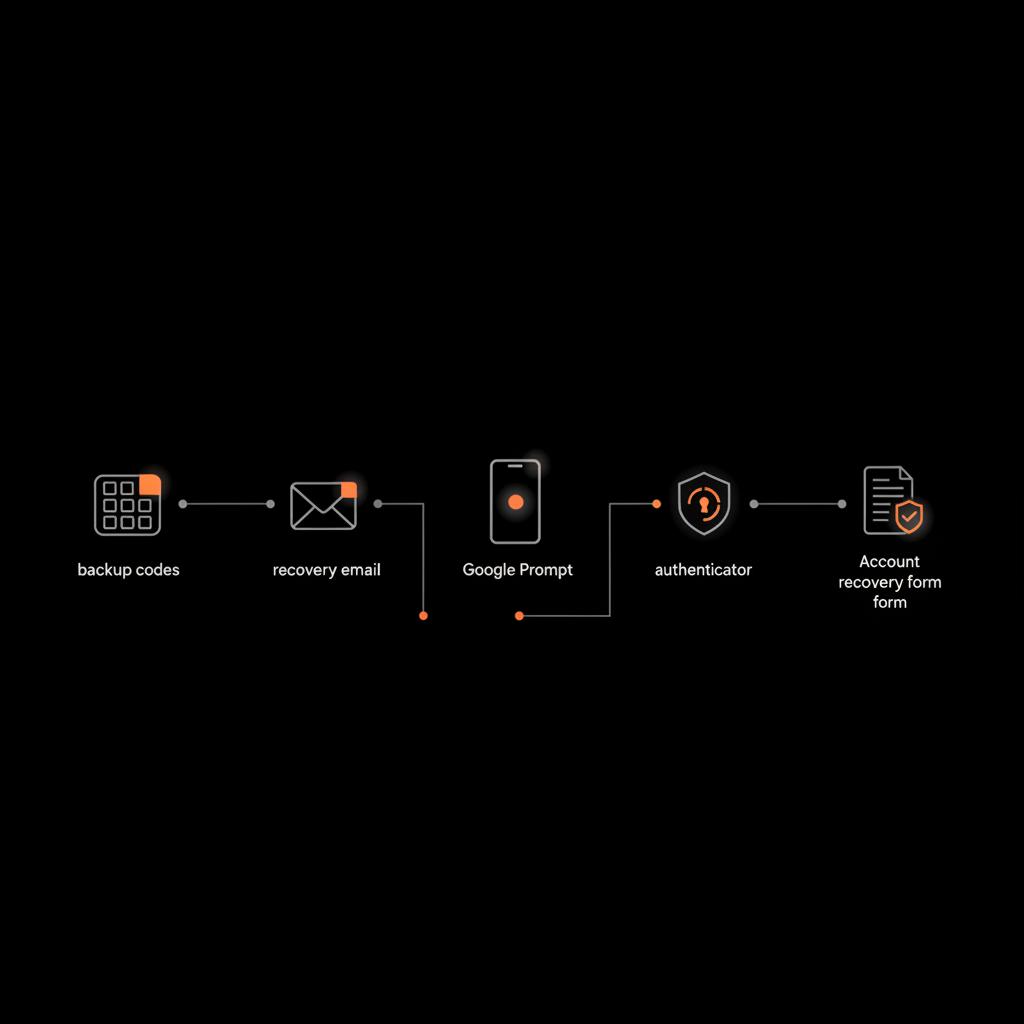 Minimal 2D vector flowchart of backup codes, recovery email, Google Prompt, authenticator, and account recovery form illustrating how to recover Google account without phone